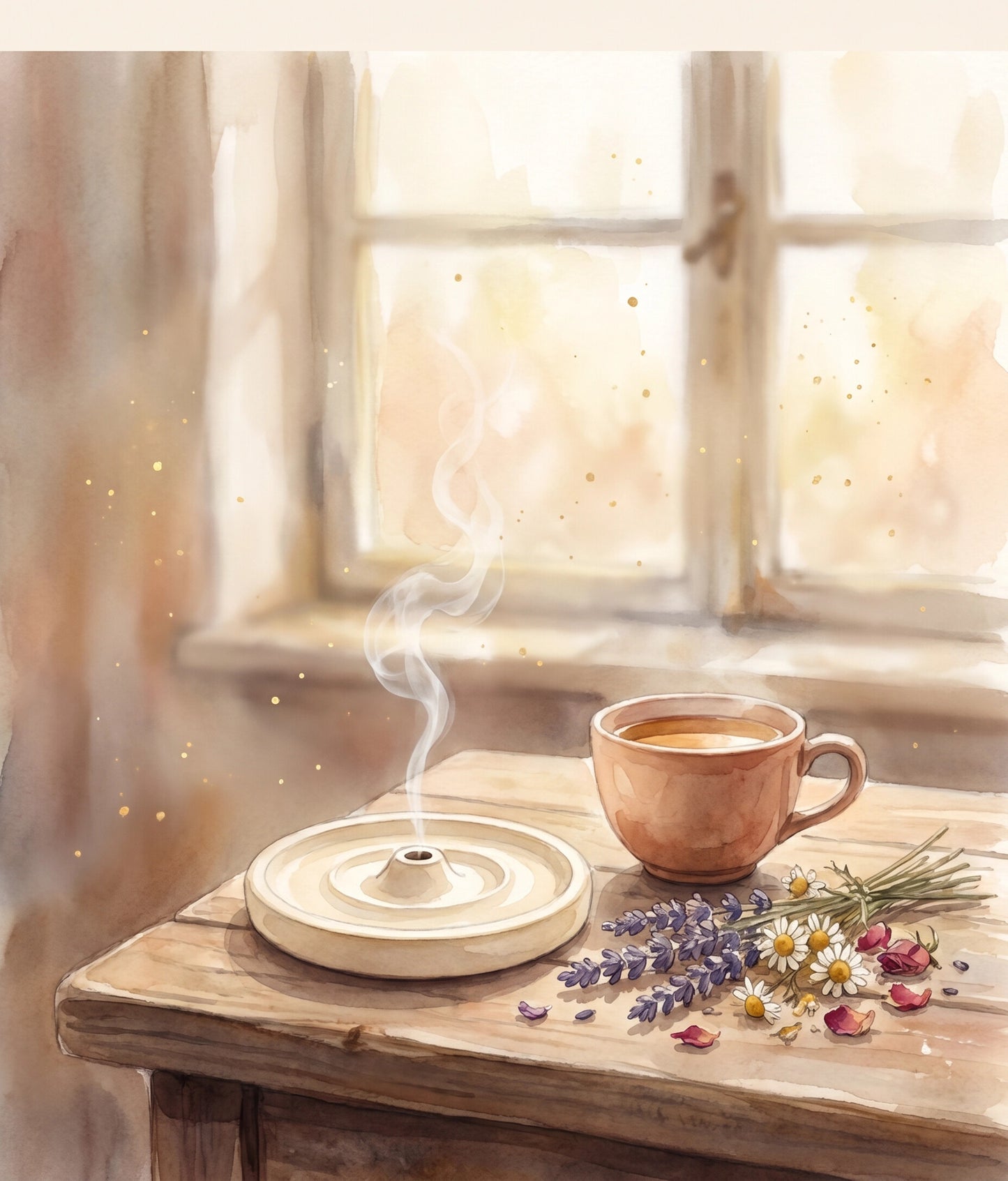Soothera Cozy Censer — ilustração watercolor cottagecore do porta-incenso com fumo e chá