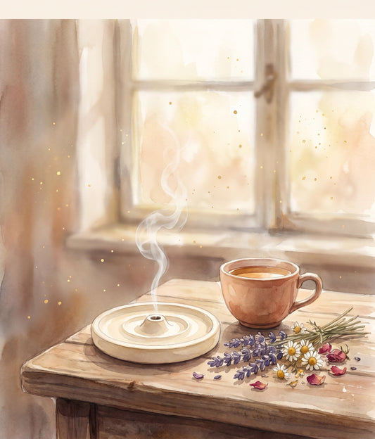 Soothera Cozy Censer — ilustração watercolor cottagecore do porta-incenso com fumo e chá