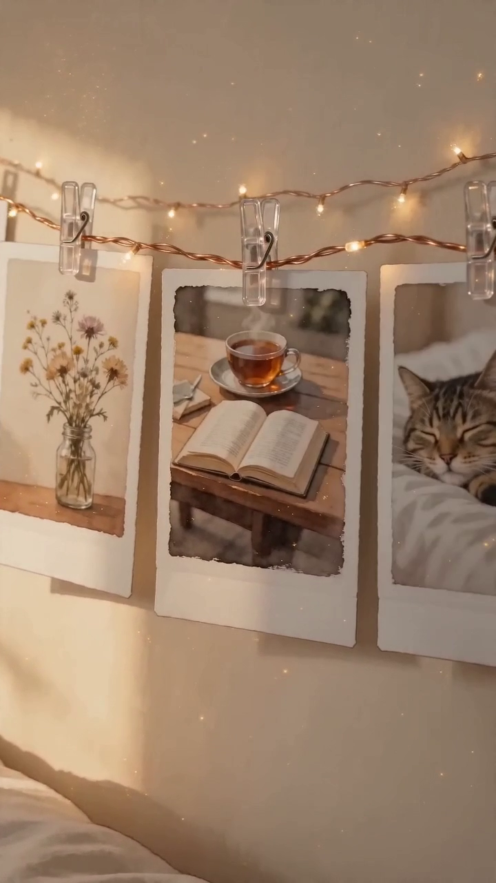 Soothera Memory Lights — corda LED quente com polaroids penduradas em parede cream
