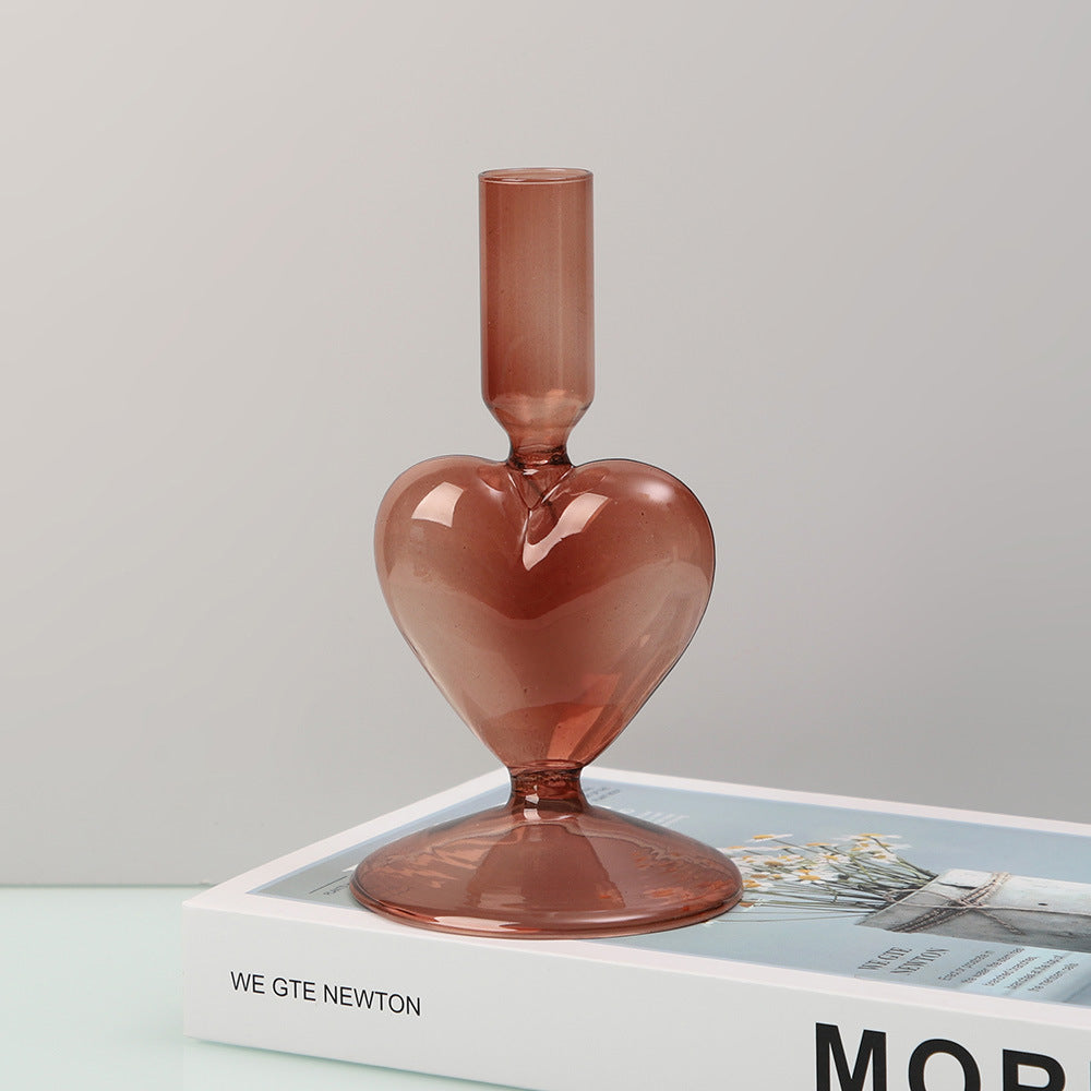 Castiçal de vidro em coração, rosa-velho