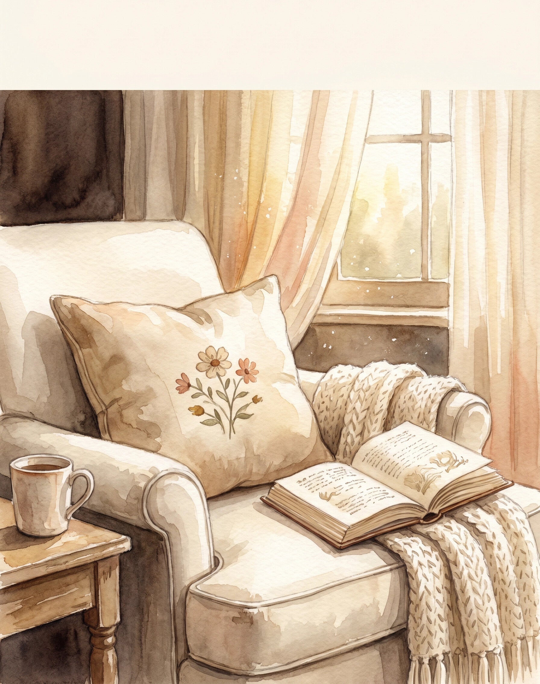 Soothera Cozy Cushion — ilustração watercolor cottagecore da almofada na poltrona