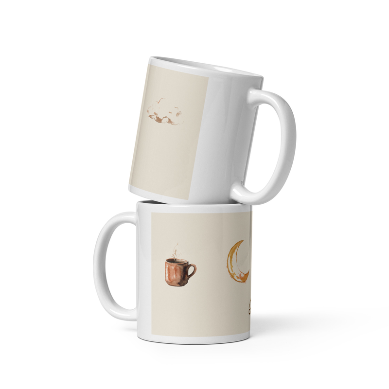 Soothera Cozy Hours Mug — caneca branca impressa com ilustrações watercolor cottagecore (mockup real)