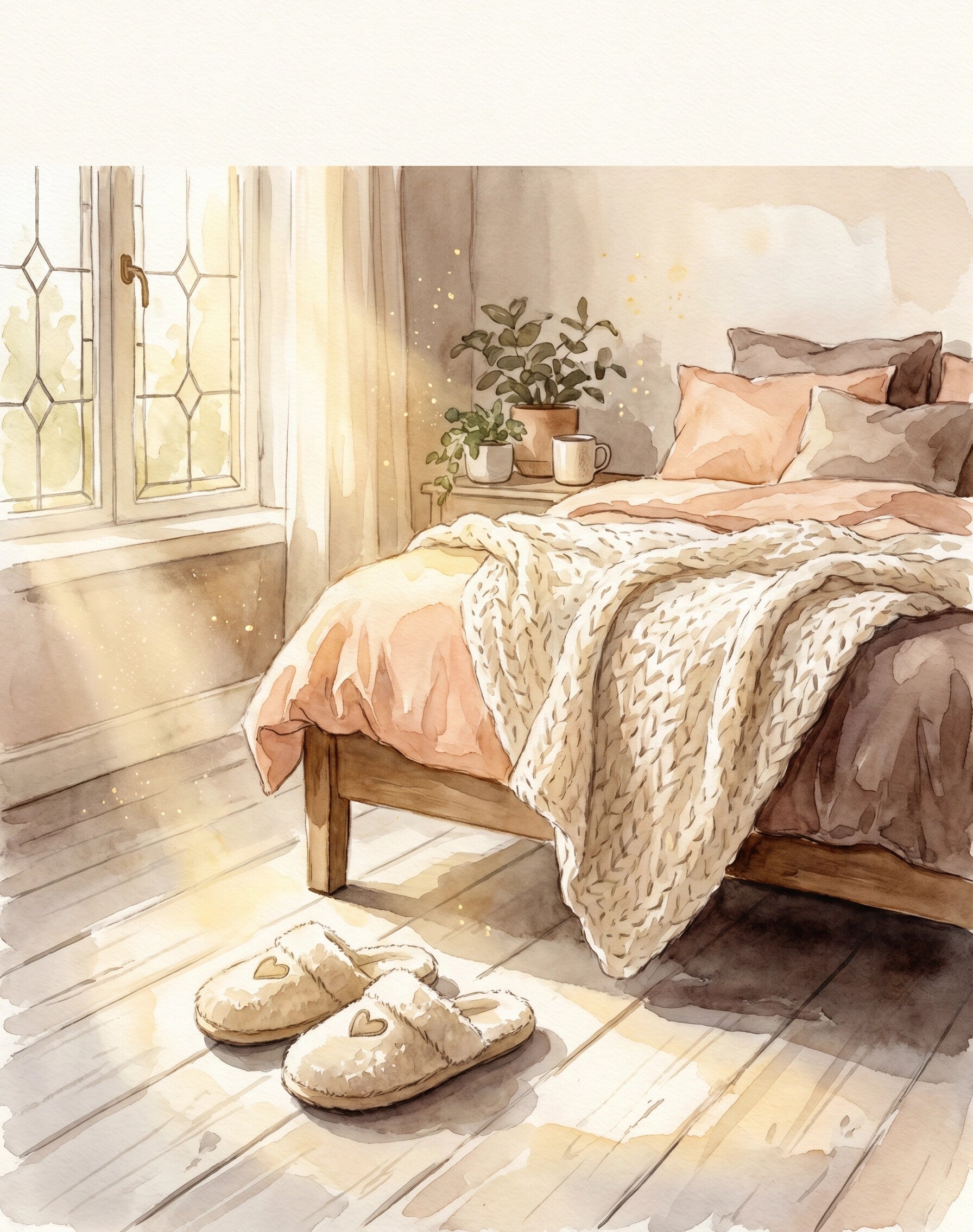 Soothera Cozy Slippers — ilustração watercolor cottagecore das pantufas no quarto