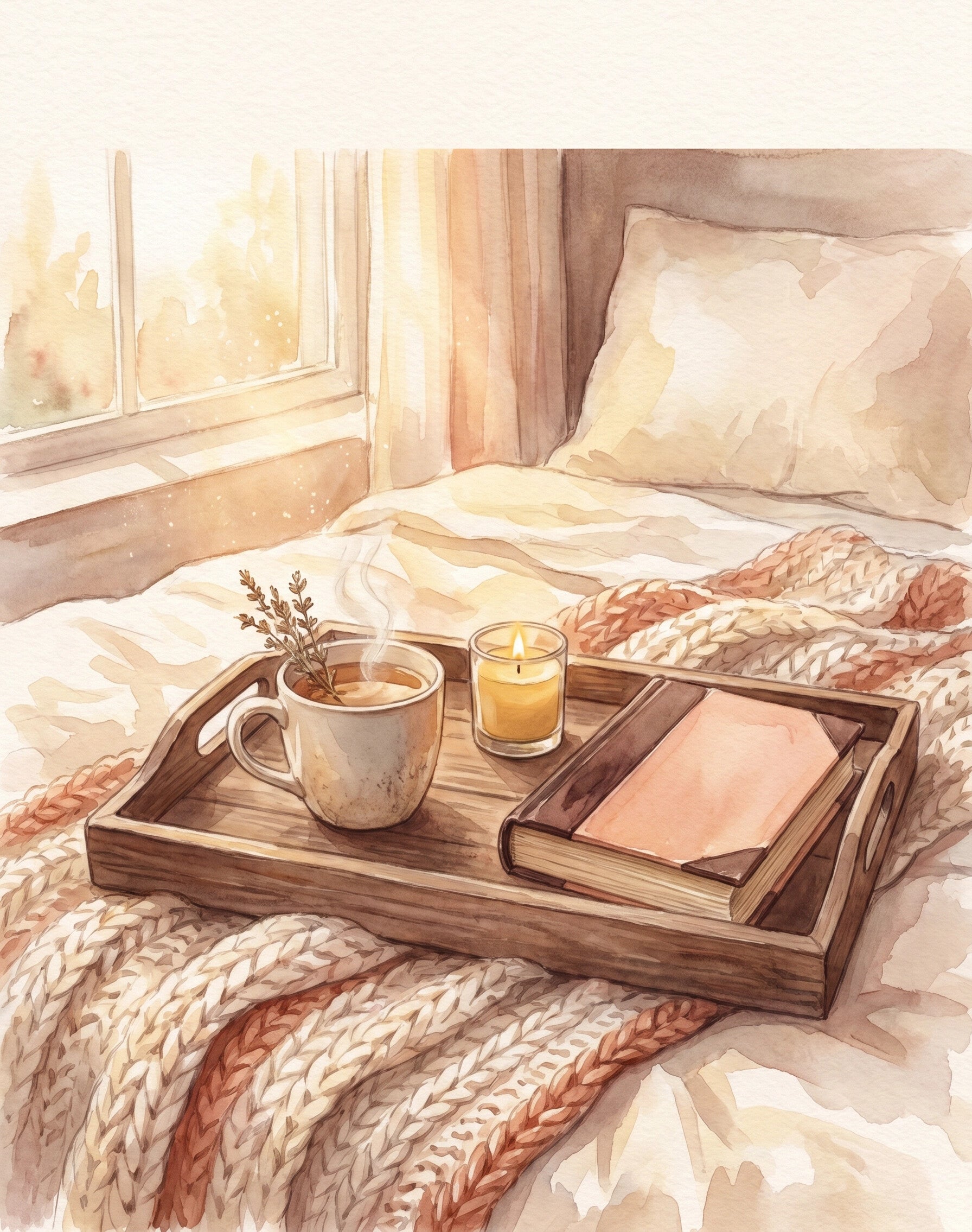 Soothera Cozy Tray — ilustração watercolor cottagecore do tabuleiro com caneca, vela e livro