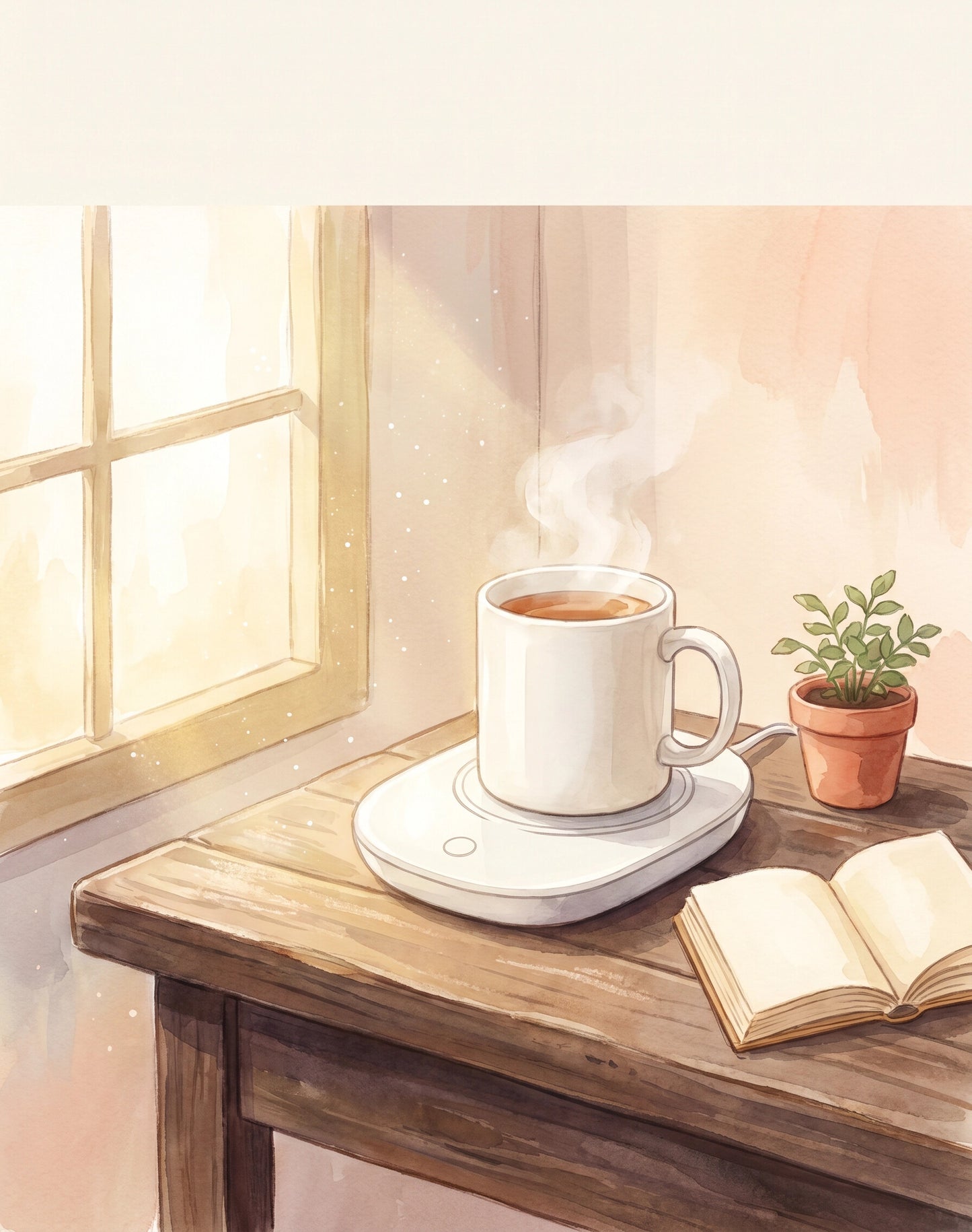Soothera Cozy Warmer — ilustração watercolor cottagecore do aquece-caneca branco com caneca