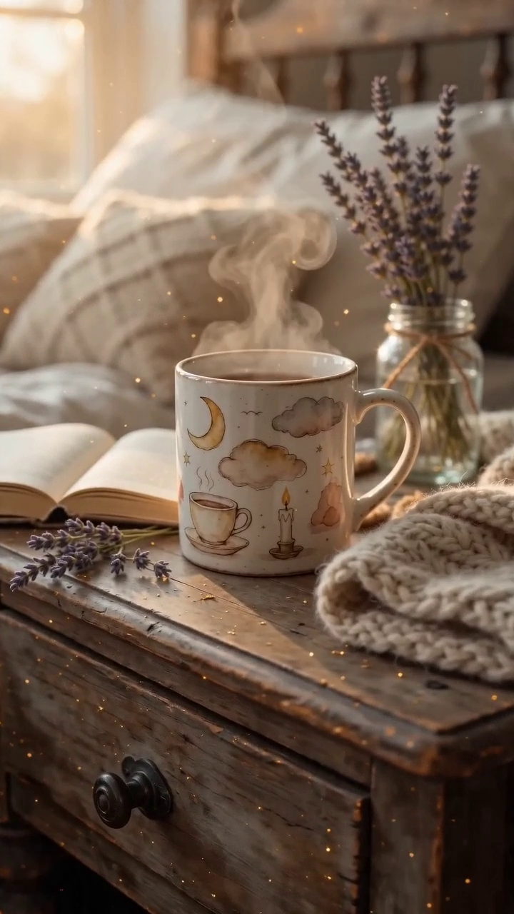 Soothera Cozy Hours Mug — caneca cottagecore com watercolor wraparound em mesa de cabeceira com lavanda e livro