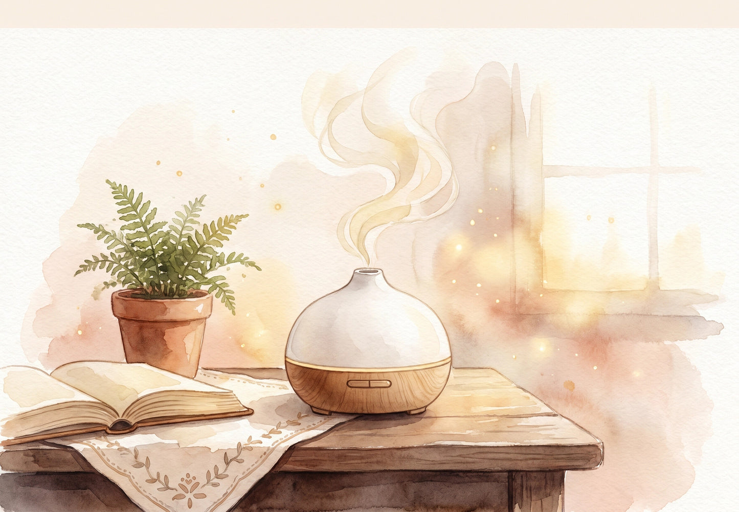 Soothera Cozy Mist — ilustração watercolor cottagecore do difusor na mesa de cabeceira